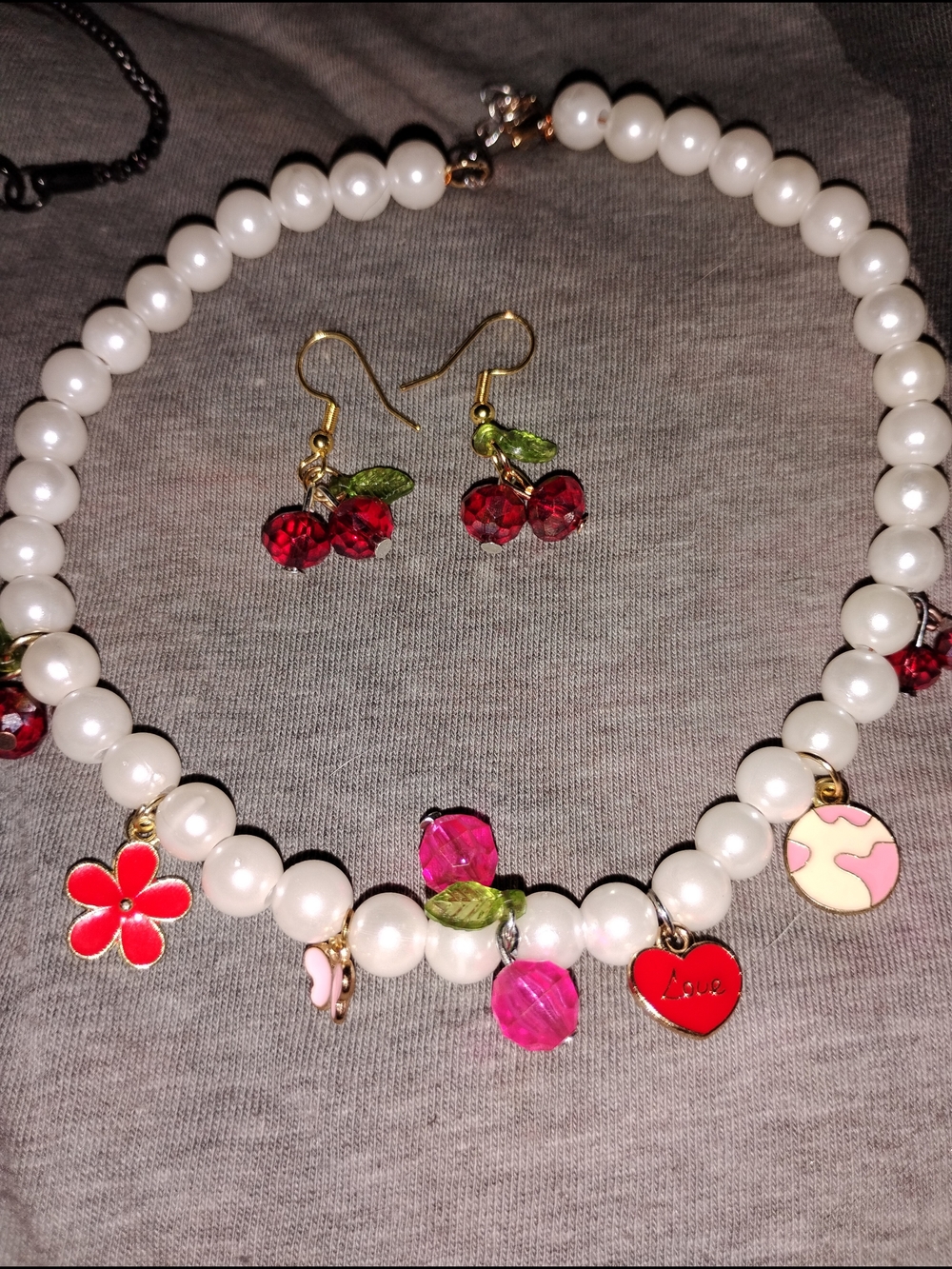 White Pearl Beaded Charm Choker Necklace And Cherry Earrings